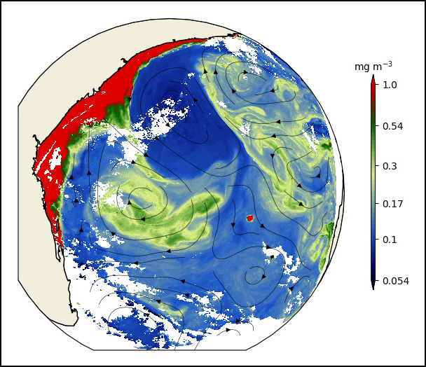 An artist’s depiction of the Mozambique Channel, seen from above. The coast is on the left, and swirls of dark blue and green in the water represent the paths of cyclonic eddies and chlorophyll-rich waters.