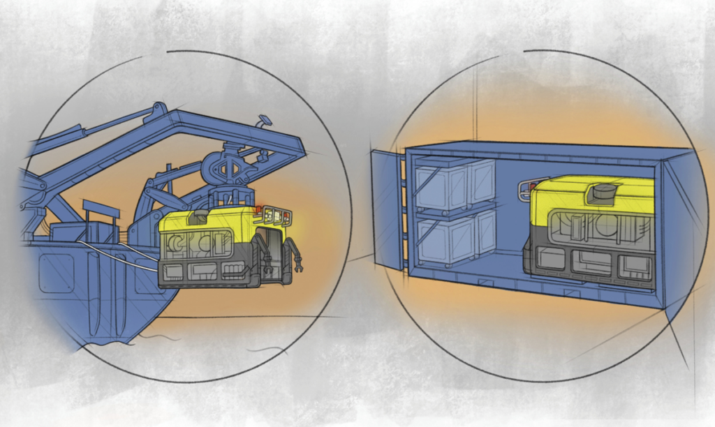 An illustration shows a research vessel hoisting a remotely operated vehicle out of the water, then storing the vehicle in a rectangular cabinet.