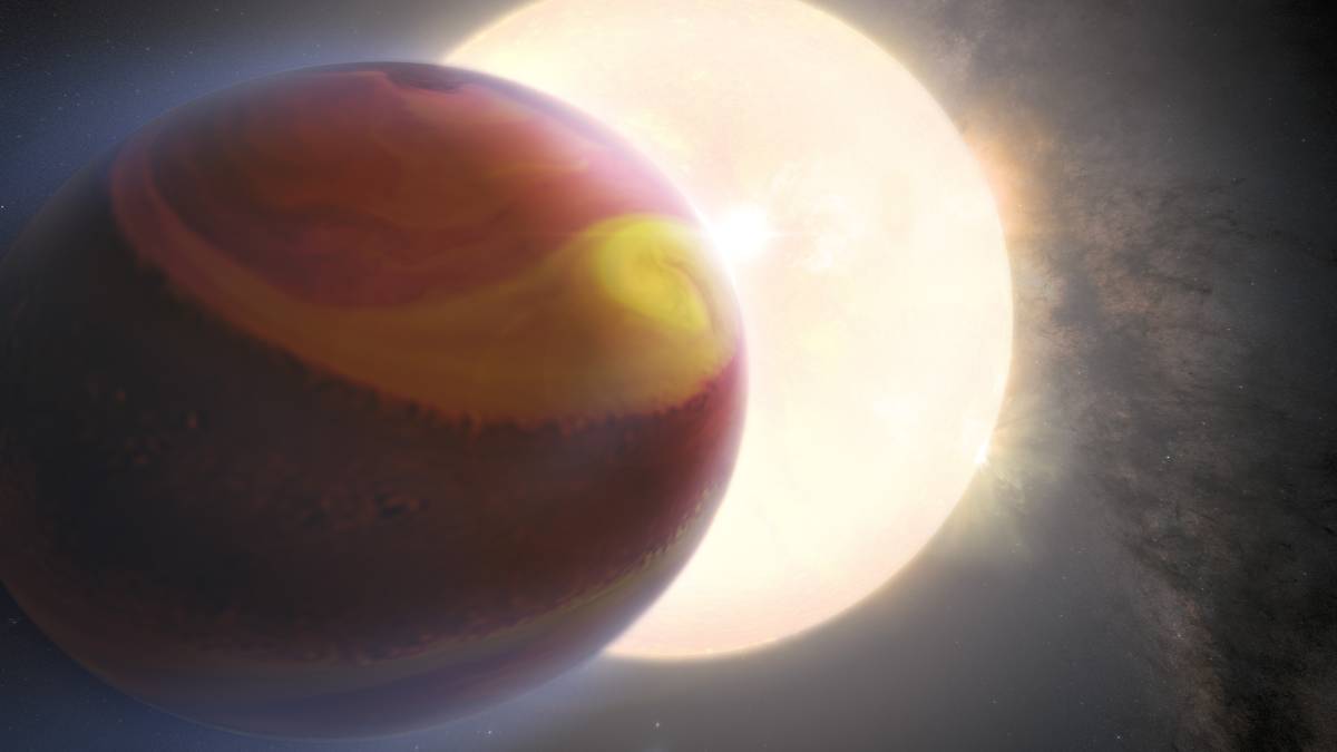 An illustration of a red and orange gaseous planet in front of a yellow star