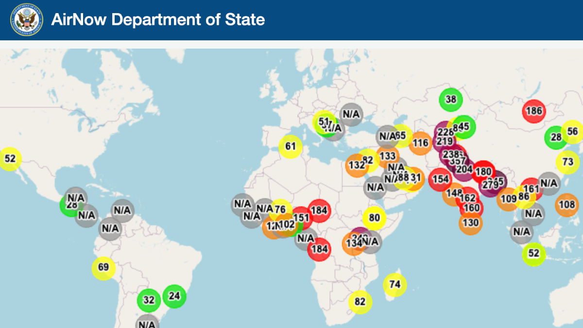 A screenshot from the Internet Archive’s Wayback Machine taken on 4 March of the AirNow.gov webpage archived on 17 February. The image shows a map of the world with colored dots indicting air quality monitored around the world.