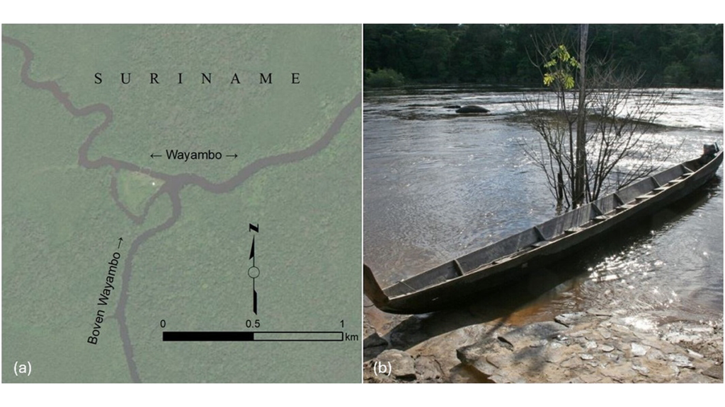 Map of a study region and photo of a canoe in a river.