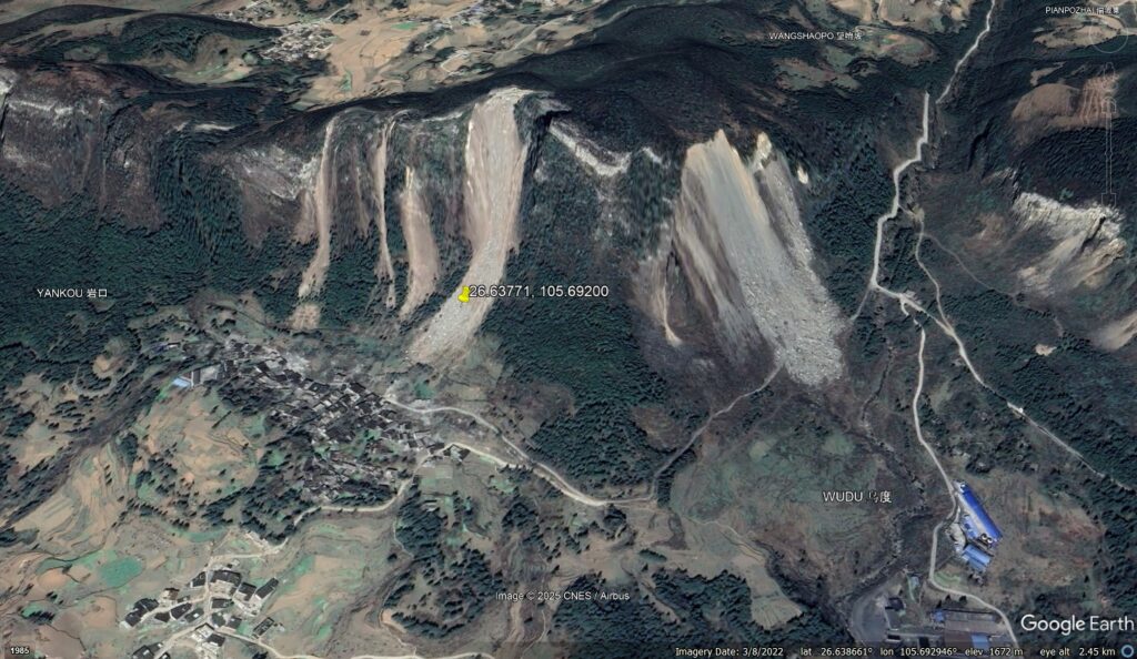 Google Earth image of the site of the 8 May 2022 Baiyan rock avalanche in China.