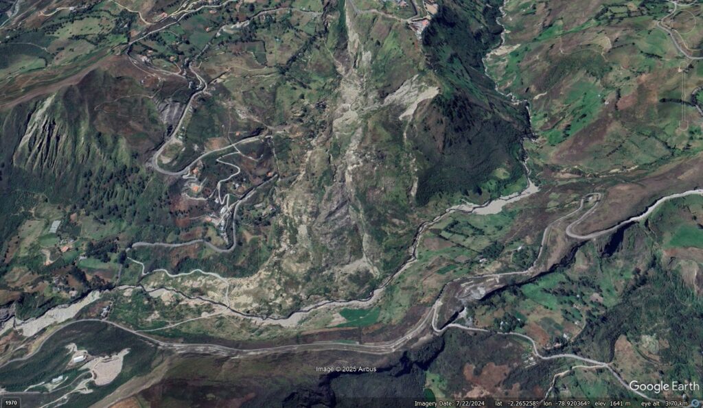 Google Earth image from July 2024 showing the 12 February 2021 Chunchi landslide in Ecuador.