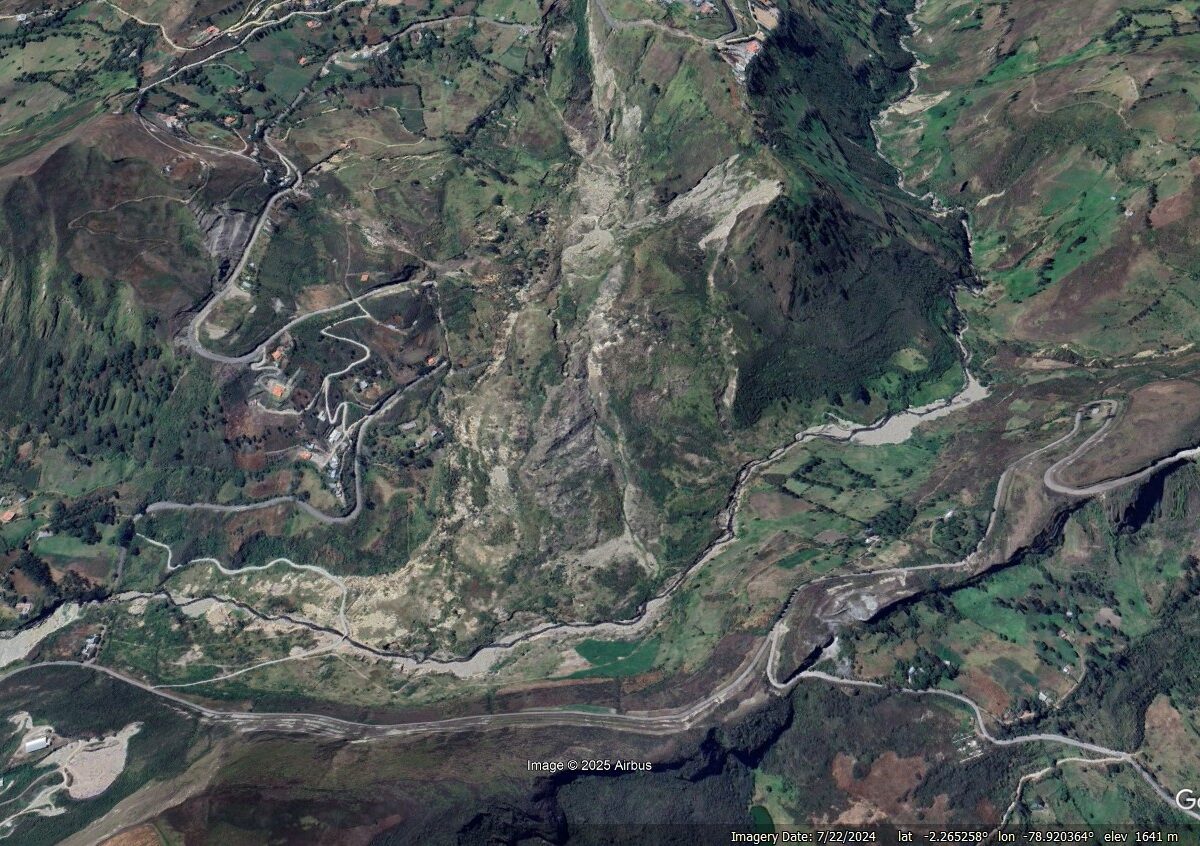 Google Earth image from July 2024 showing the 12 February 2021 Chunchi landslide in Ecuador.