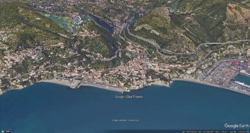Google Earth image of the modern setting of the 1954 landslides on the Amalfi Coast in Italy.