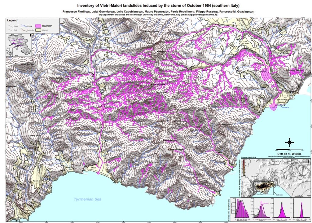 Landslides triggered during the 1954 rainfall event on the Amalfi Coast in Italy.
