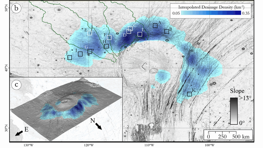 Map and 3D view of Alba Mons with drainage networks.