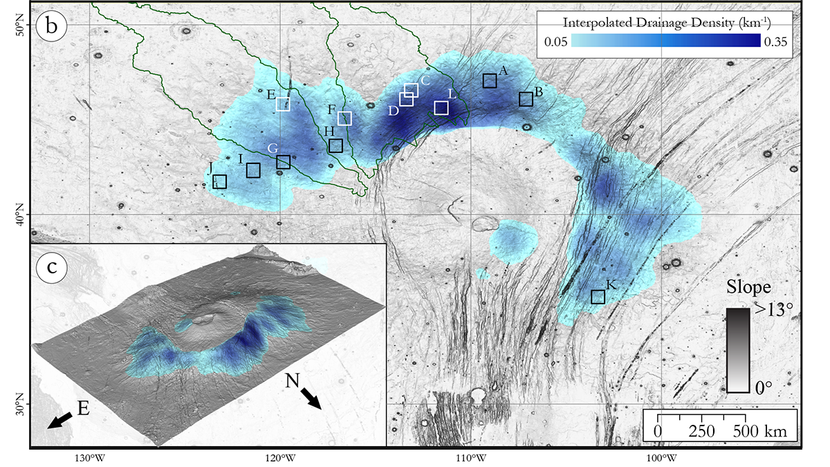 Map and 3D view of Alba Mons with drainage networks.