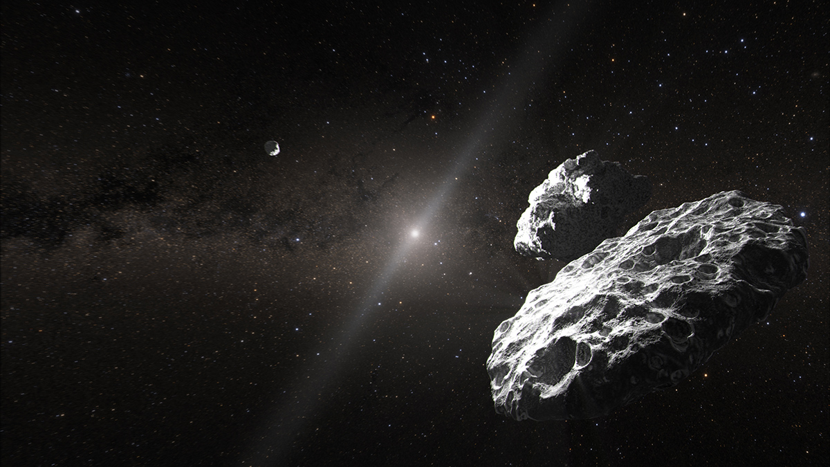Illustration of two large, cratered rocks in the foreground right. Another rock is seen in the distance to the left. The black background of space shows the hazy Sun and zodiacal light due to dust in the solar system, as well as scattered distant stars. The words “Artist’s Concept” appear in gray at the bottom left.