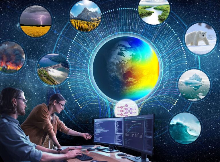 Artificial intelligence–generated depiction of two people looking at computer monitors on a desk, small images of nature scenes in circles representing different Earth science applications, and a depiction of Earth surrounded by zeros and ones representing digital data, all in front of a star-filled night sky background.
