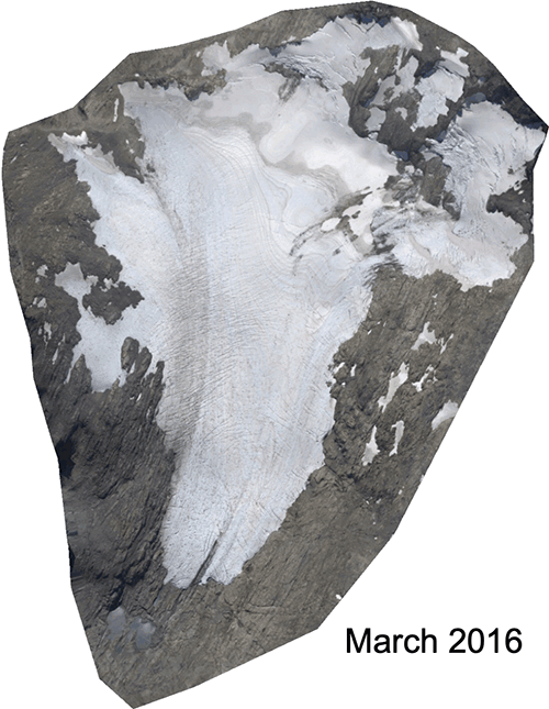 An animation of glacial ice loss on New Zealand’s Brewster Glacier from 2016 to 2024