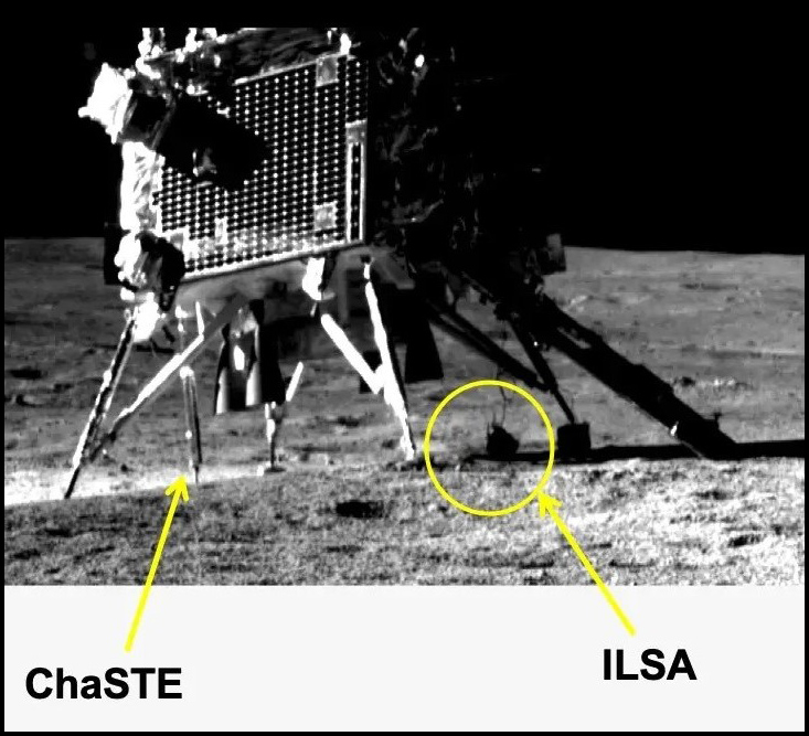 A grayscale photo of a boxy machine is annotated with arrows and circles indicating the locations of the instruments ChaSTE and ILSA.