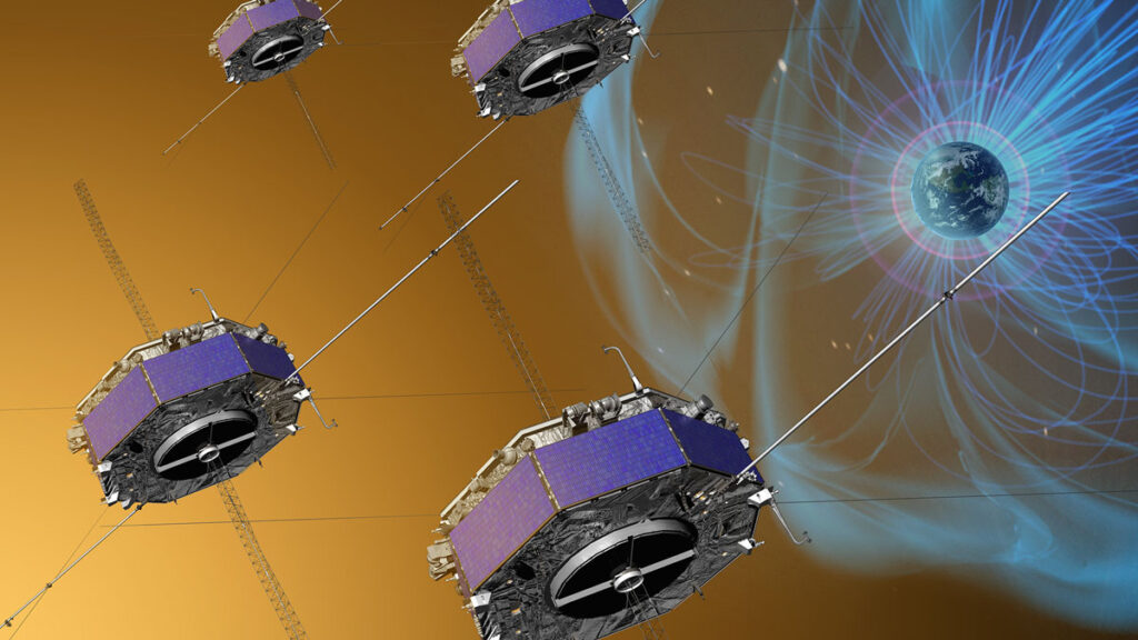 Four seemingly identical, octagonal, disklike structures, each with several various thin antennas extending outward at various angles, appear to be floating in a closely spaced cluster in space. In the background, on the right side of the image, is the round shape of the planet Earth, encircled by translucent, overlapping blue and purple lines.