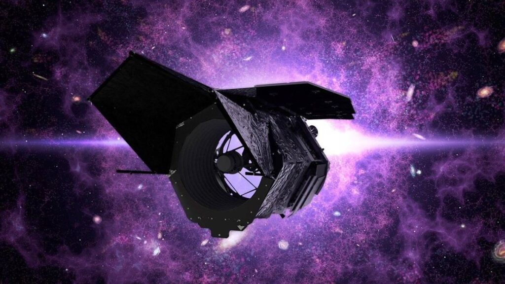 An illustration of a space telescope in front of a purple galaxy