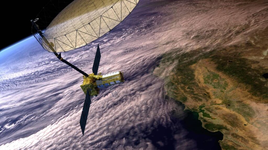 Illustration of a satellite in orbit over Earth.