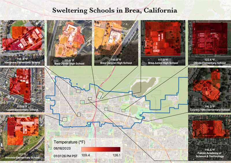 Research poster entitled “Sweltering Schools” showing Brea, Calif., outlined on a map, with inset satellite images depicting land surface temperature measurements (in shades of red) at nine different schools.