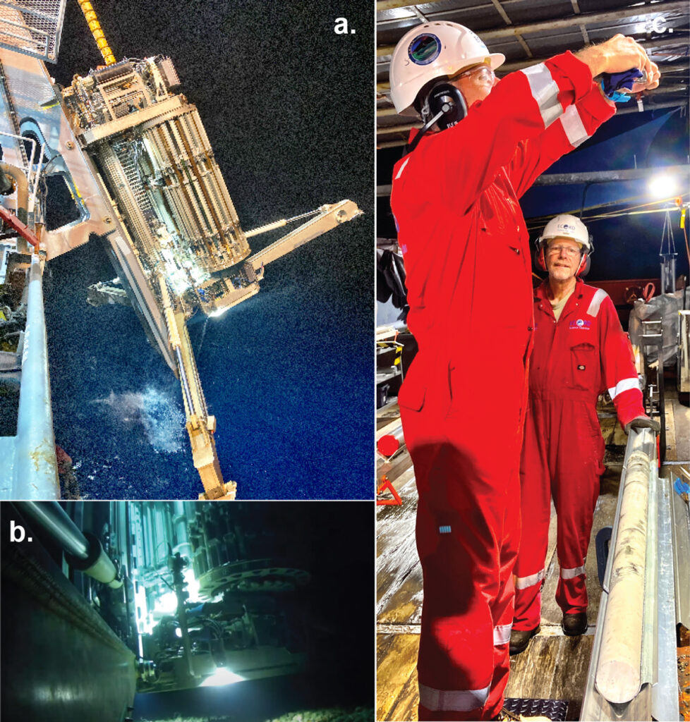 Three-panel photo collage showing a large seafloor drilling apparatus held over the side of a ship (top left), an underwater view of the drill near the seafloor (bottom left), and two crew members beside a section of seafloor core on the ship’s deck (right).