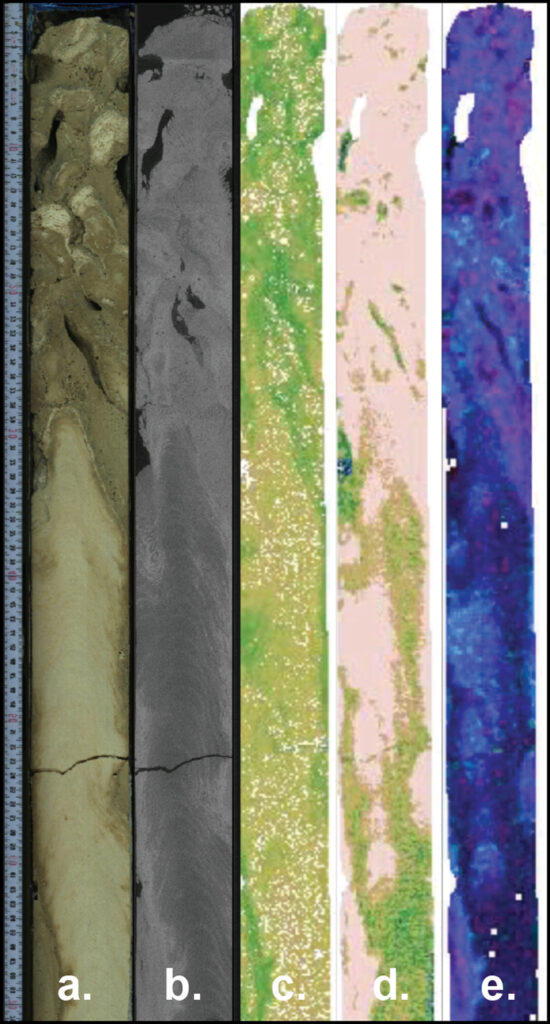 Five side-by-side cross sections showing the same section of seafloor core imaged using different methods.