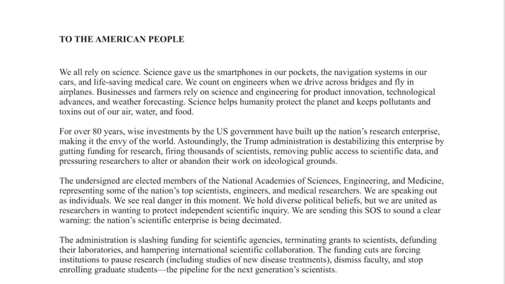 A screenshot shows the top of an open letter from 1,900 U.S. scientists.