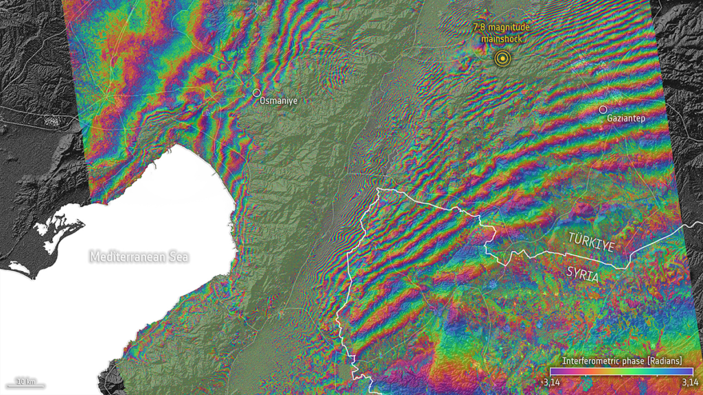 A satellite image of the border between Türkiye and Syria is marked with multicolored waves. The magnitude 7.8 mainshock is marked on the map, and a scale at the bottom shows the interferometric phase in radians from −3.14 to 3.14.
