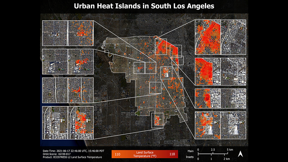 Surface temperature measurements are shown by orange-red coloration on a satellite image of the Los Angeles area, with South Los Angeles outlined in white and inset images showing closer views of eight different parts of the area.