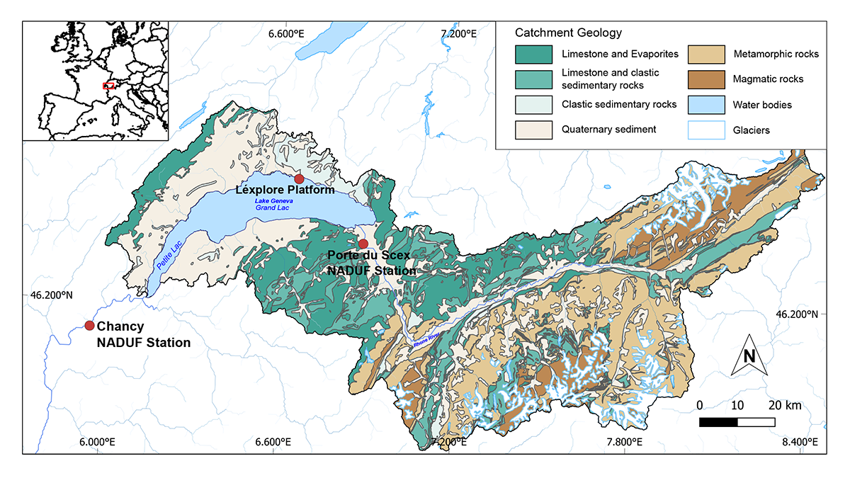 Map of Lake Geneva and surrounding catchments.