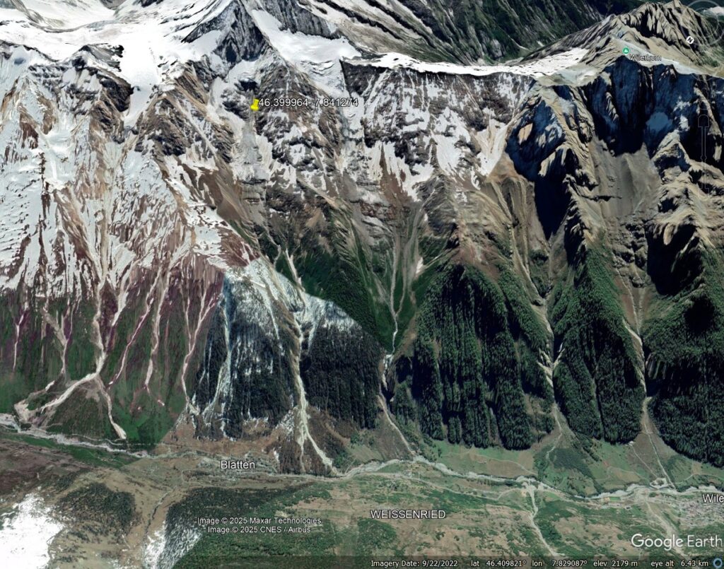 Google Earth image from 2022 showing the site of the landslide on Kleiner Nesthorn above Blatten in Switzerland.