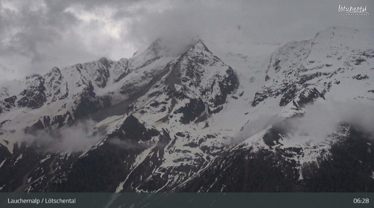 Webcam image from 27 May 2025 showing the deforming slope at Blatten in Switzerland.
