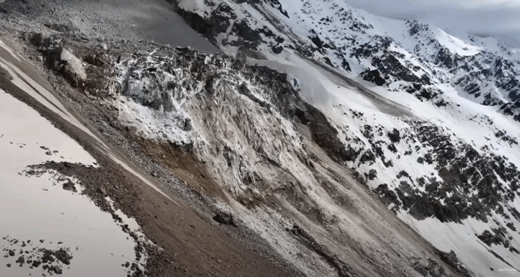 The current situation on the Birch Glacier at Blatten, showing the heavy fracturing in the ice of the Birch Glacier.