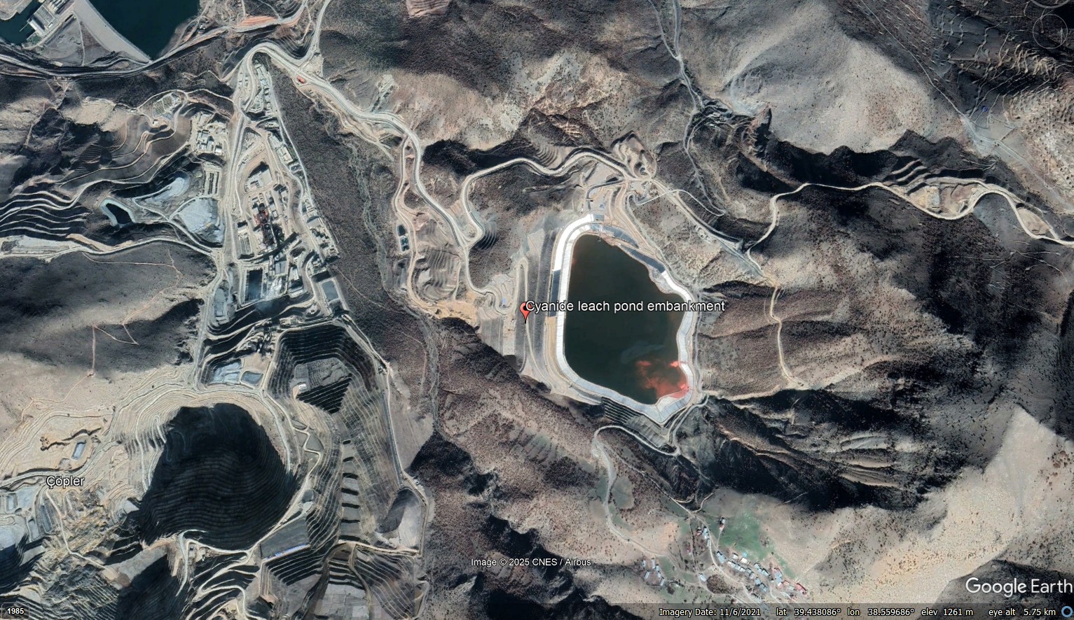 Google Earth image showing the site of the of the 13 February 2024 Çöpler Gold Mine Landslide, Erzincan, Türkey.