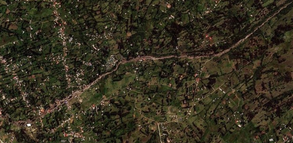 Planet Labs image of the downstream impacts of the 28 April 2025 Glacial Outburst Flood (GLOF) / landslide at Vallunaraju in Peru.