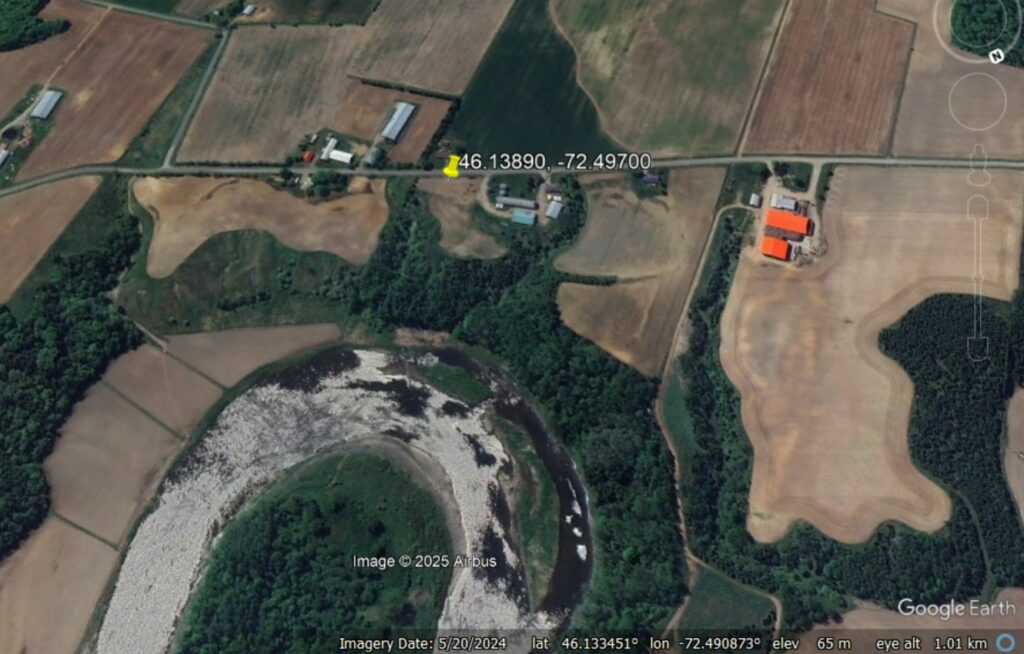 Google Earth image of the site of the 21 May 2025 quick clay landslide at Sainte Monique in Canada.