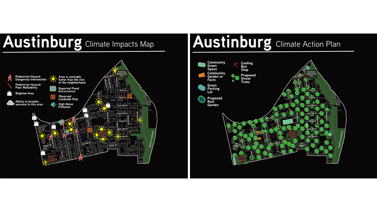 2 maps of Austinburg, Kentucky, showing climate impacts and the action plan.