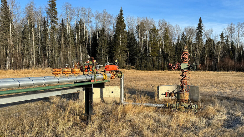A pipe leads to a pump in a brown, weedy field. Evergreen trees and a blue sky are in the background.