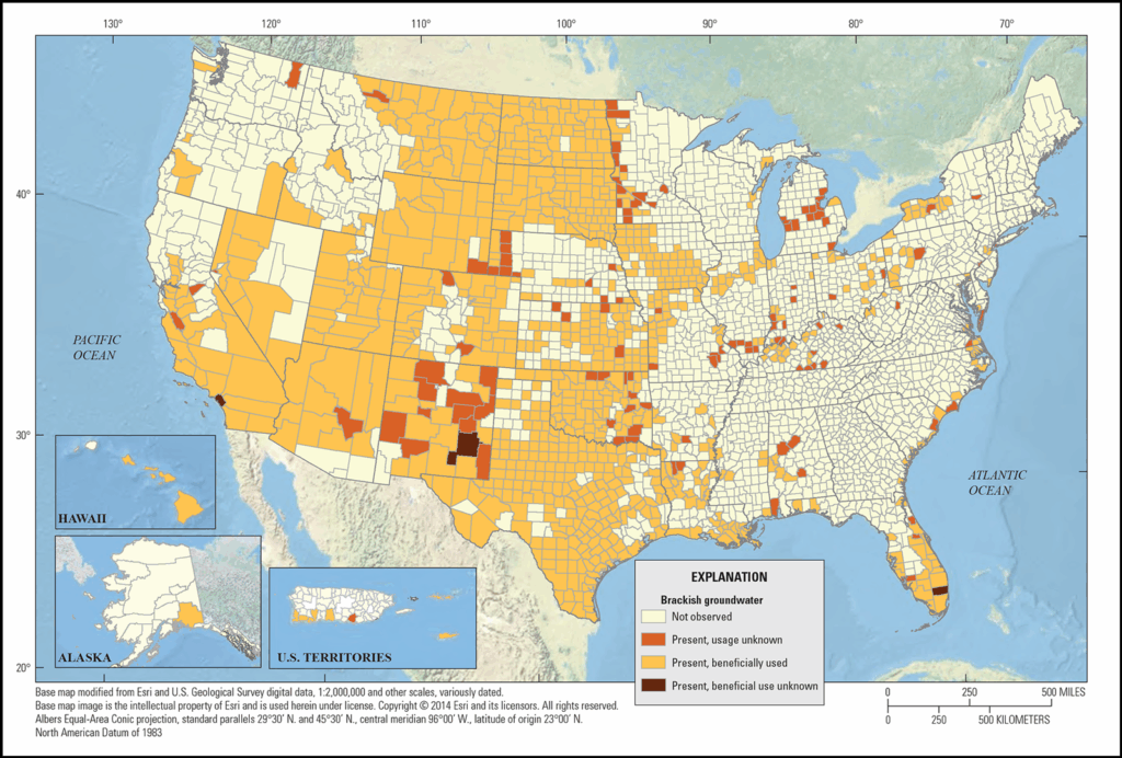 A map of the United States is colored in shades of yellow, pumpkin, orange, and brown to indicate the absence or presence of brackish groundwater and whether usage is known or known to be beneficial.