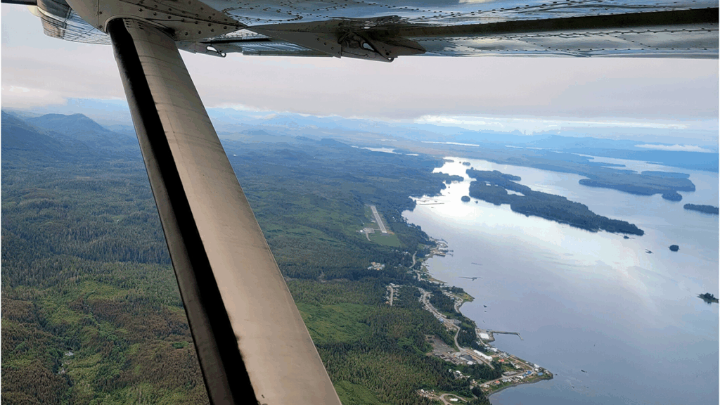 Photo taken from a plane of a small community by a body of water.