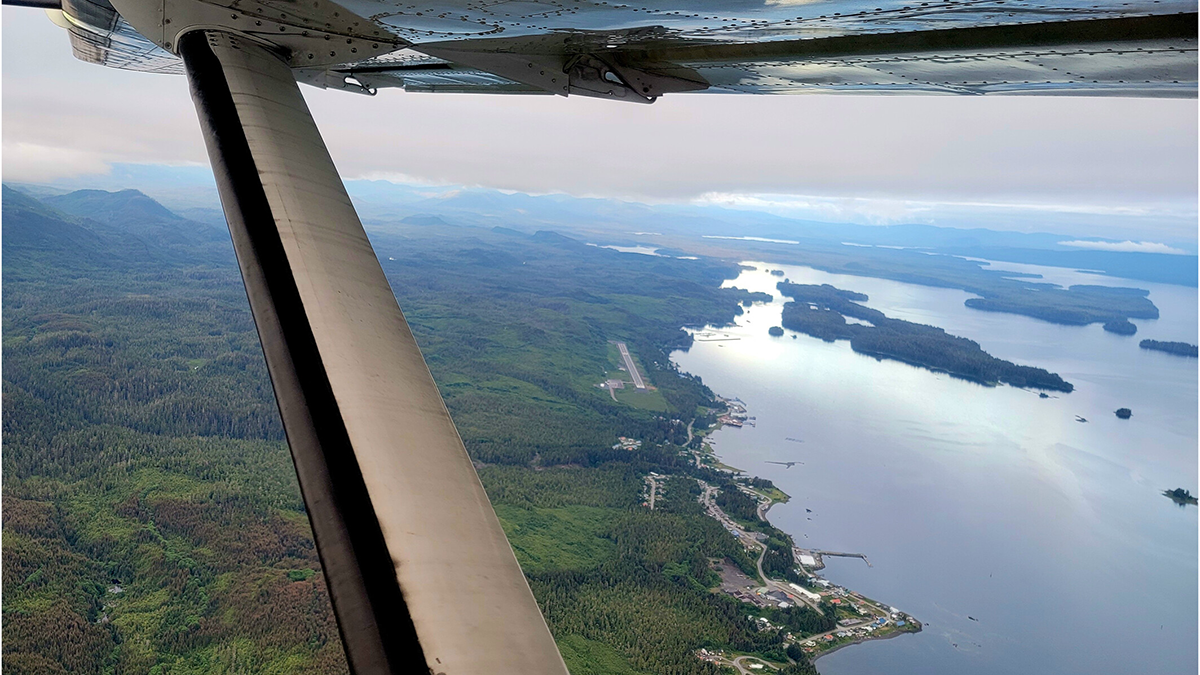 Photo taken from a plane of a small community by a body of water.