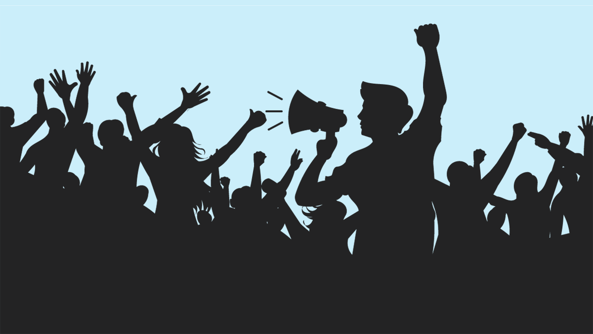 Illustration of a silhouetted crowd of people raising their arms, led by a person using a megaphone
