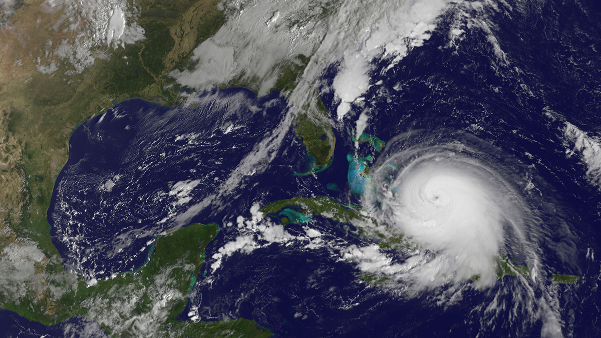 A satellite image shows a hurricane in the Caribbean Sea.