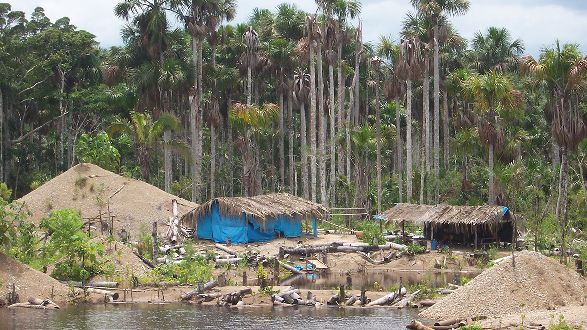 Tarp shacks with palm-frond roofs sit on the banks of ponds surrounded by palm logs and tall gravel piles. Palm trees are in the background.