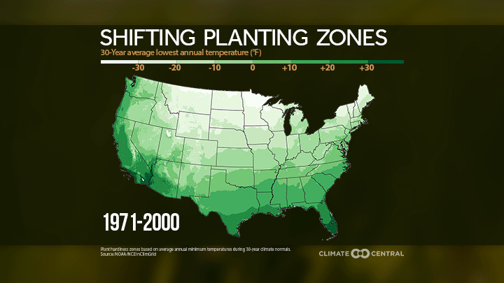 A gif shows a map of the United States’ planting zones shifting from the 1970s to present day. The maps show planting zones moving northward.