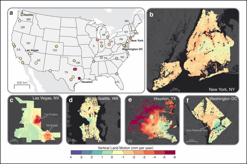 A collection of maps shows which cities in the United States are experiencing land uplift or subsidence. Smaller maps show high-resolution measurements of land uplift and subsidence in New York, Las Vegas, Seattle, Houston, and Washington, D.C.