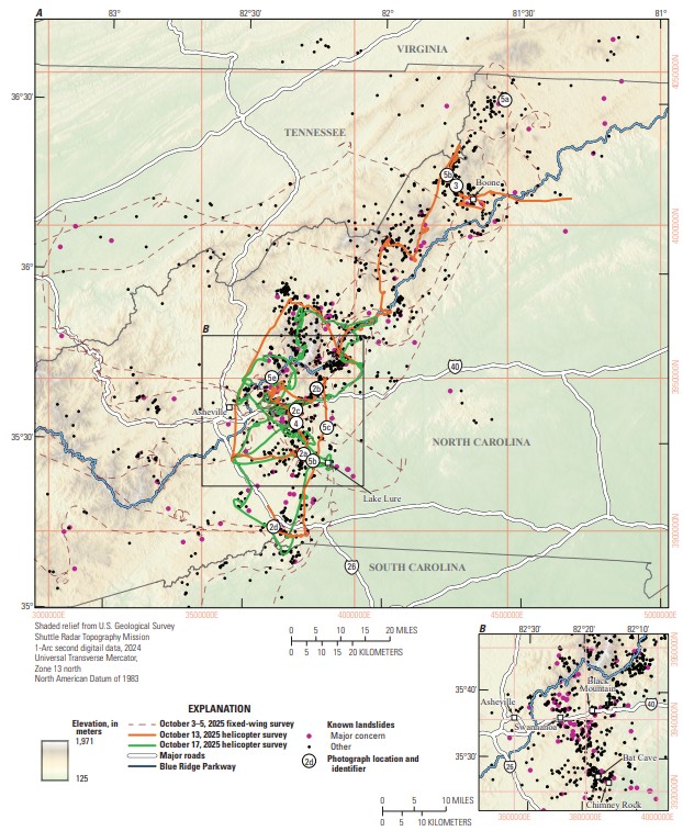 The distribution of landslides triggered by Hurricane Helene in September 2024.