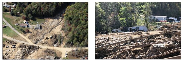 Photographs showing the aftermath of the channelised debris flows at Craigtown in the aftermath of Hurricane Helene.