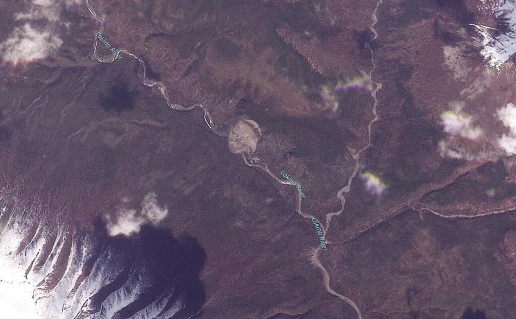 Satellite image of the landslide on the Lakina River in Alaska.  