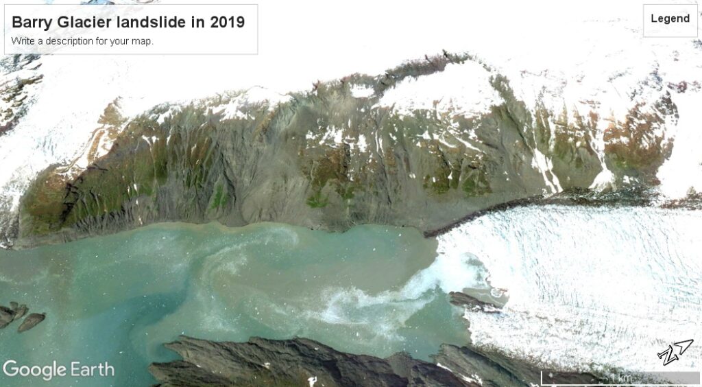 Google Earth image of the landslide at the Barry Glacier in Alaska in 2019.