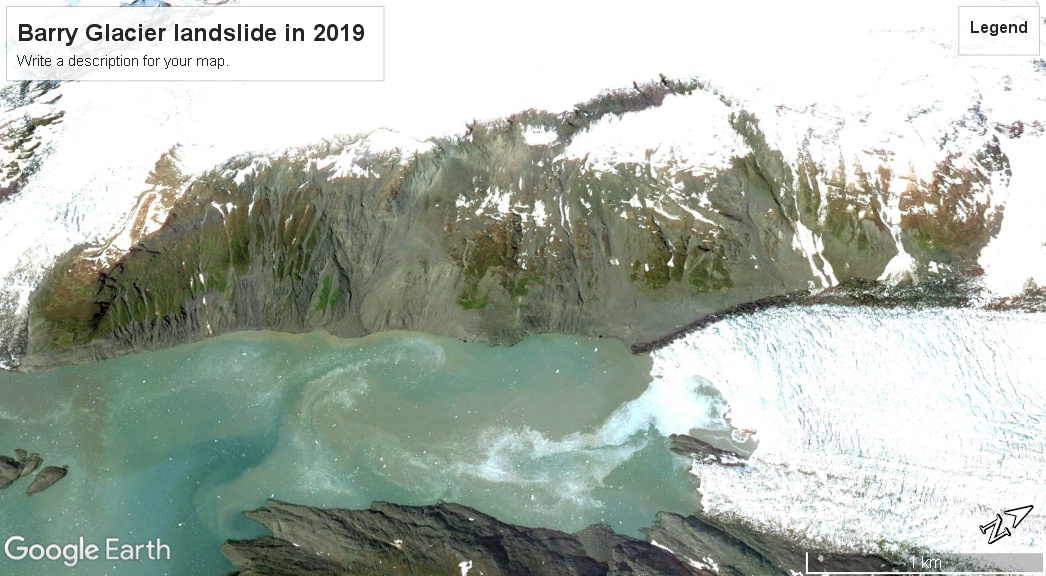Google Earth image of the landslide at the Barry Glacier in Alaska in 2019.