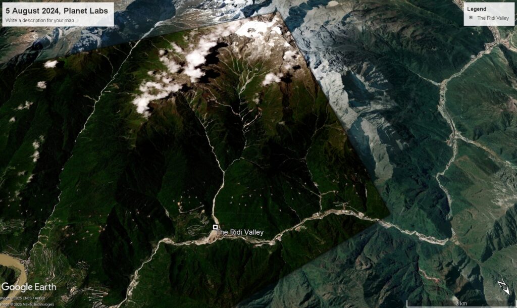 Satellite image of the Ridi valley after the 3 August 2024 landslides ad debris flow.