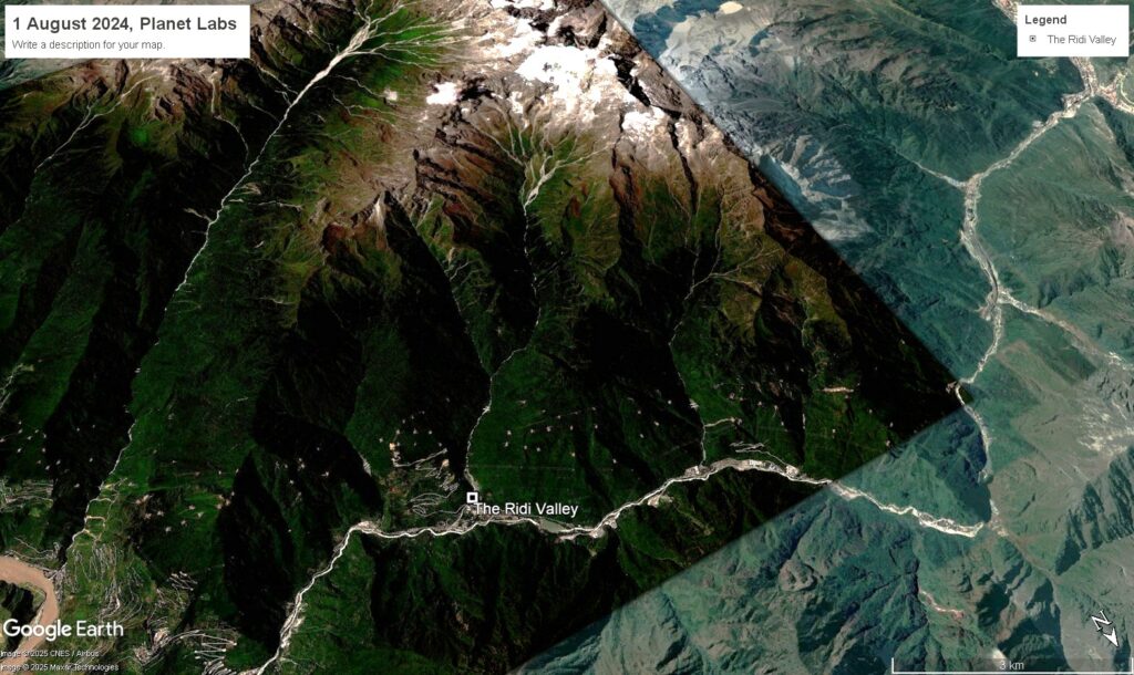 Satellite image of the Ridi valley before the 3 August 2024 landslides ad debris flow.