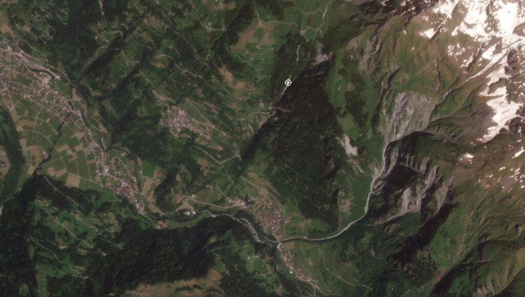 Satellite image of the debris flows at Val de Bagnes in Switzerland. Image copyright Planet, used with permission. Image dated 28 June 2024.
